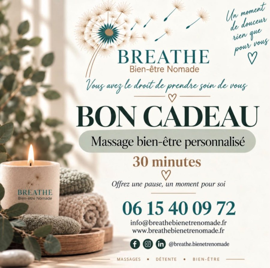 Bon cadeau BREATHE pour un massage bien-être personnalisé de 30 minutes