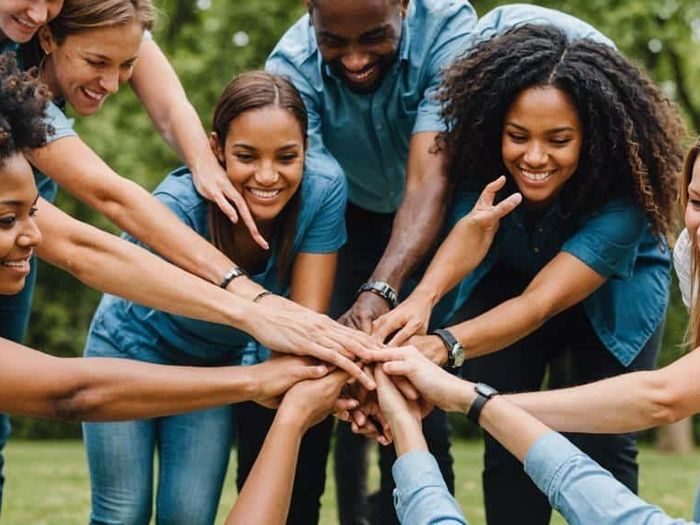 Groupe de personnes réunissant leurs mains, massage pour associations et événementiel en Normandie
