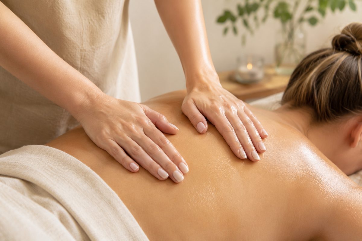 Mains de la masseuse posées sur le dos d'une cliente lors d'un massage relaxant