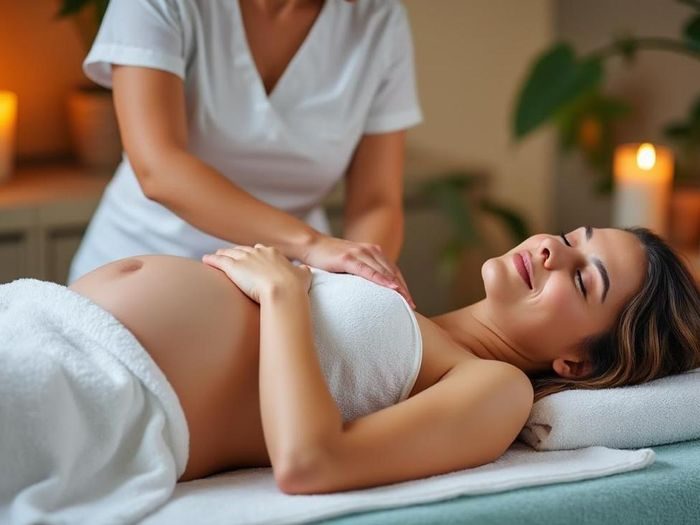 Massage prénatal d'une femme enceinte allongée sur une table de massage, Calvados