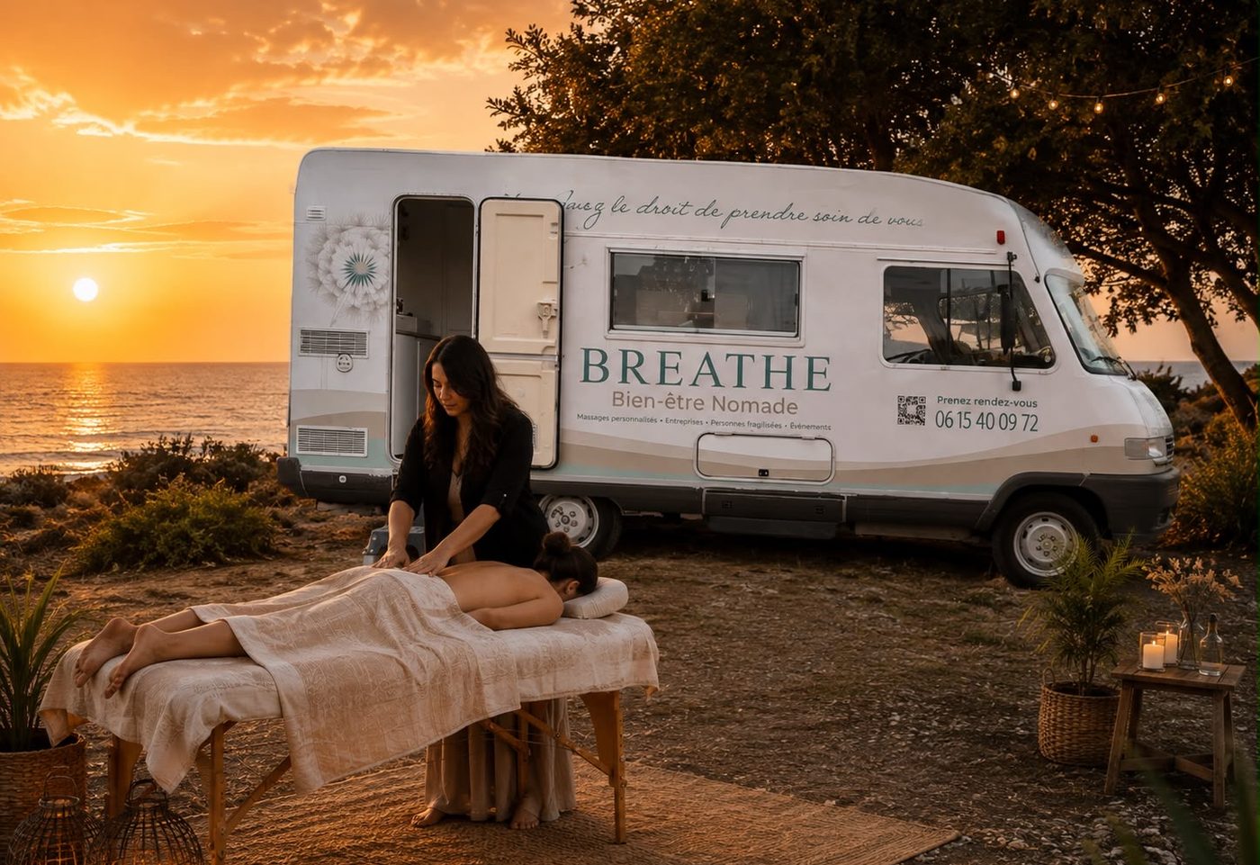 Le camping-car de massage BREATHE et sa table installée face à la mer au coucher du soleil