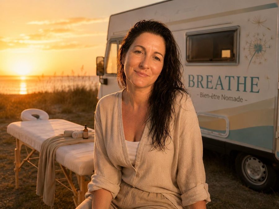 Sandrine, masseuse et créatrice de BREATHE Bien-être Nomade, devant son camping-car au coucher du soleil