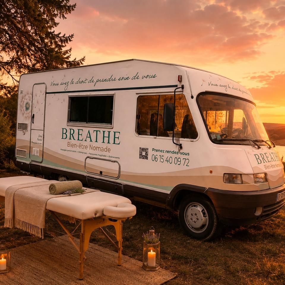 Table de massage dressée devant le camping-car BREATHE, massage nomade sur Caen la Mer